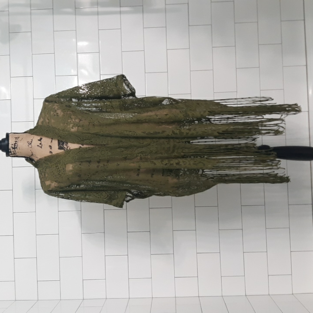Emerette M green lace short sleeve kimono tunic with fringe sheer wrap coat